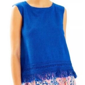 Lilly Pulitzer Blue Linen Cotton Blend Sleeveless Summer Top Fringe Hem Size L